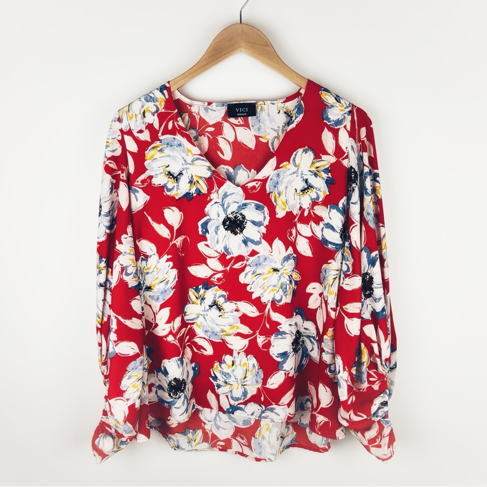 Vici Floral Puff Balloon Sleeve Flowy Blouse Orange Blue Size M